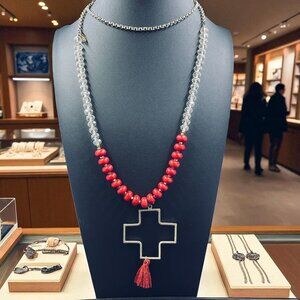 Boho Red Beaded Cross Pendant Necklace Long Crystal Chain Gold Tone Tassel